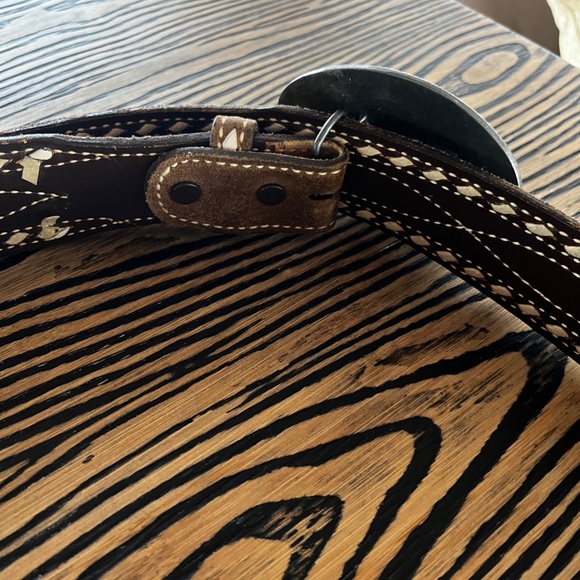 Vintage Cowhide Leather Belt Texas Buckle Size 42 Brown Authentic Rare KC - Picture 4 of 7